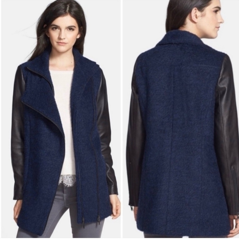 TRUTH AND PRIDE Blue Alpaca Wool with Black Leather sleeve Coat. Only Worn Twice